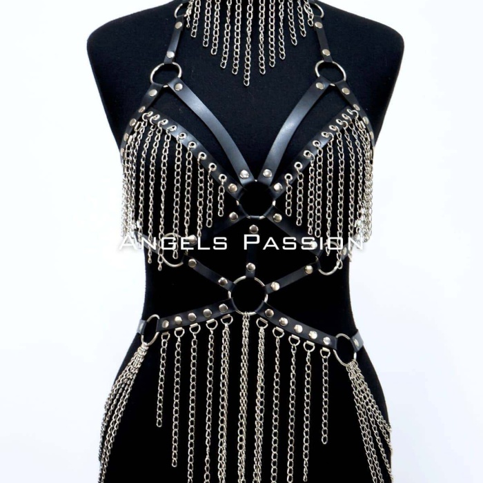 Deri ve Zincir Detaylı Harness Takım, Deri Dansçı Kostüm, Choker Detaylı Deri Harness - APFT1397