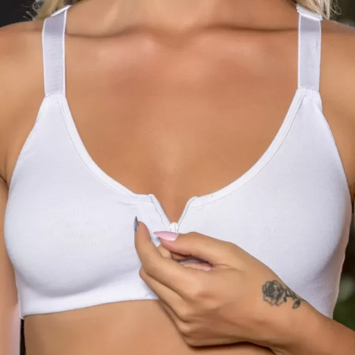 Beyaz Önden Fermuarlı Pamuklu Sütyen,Günlük ve Medikal Kullanım İçin, Kadın İç Giyim