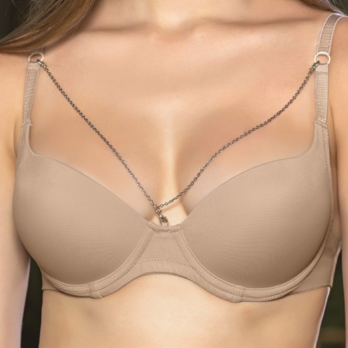 Günlük Kullanıma Uygun Ten Zincir Aksesuarlı Yarım Push-Up Sütyen,Destekli, Düşük Dekolte Uyumlu