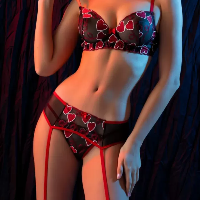 Kırmızı Dantel Jartiyerli 4’lü Fantazi İç Giyim Takımı,Transparan Ayarlanabilir Askılı,Kadın İçGiyim