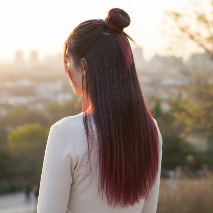 Fiber Sentetik Dalgalı Yarım Ay + 2 Yan Çıt Çıt - Koyu Kızıl