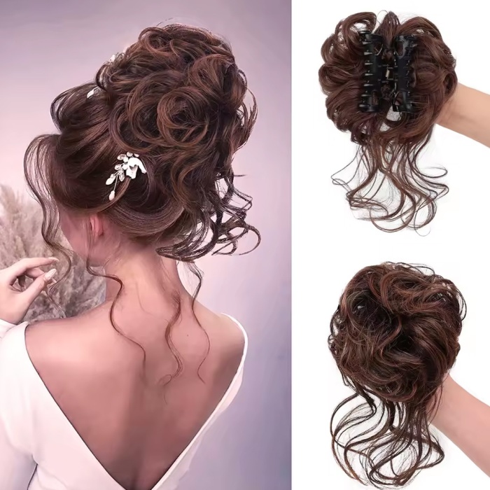 Tokalı Kuyruklu Dağınık Topuz  - Kahve Karamel