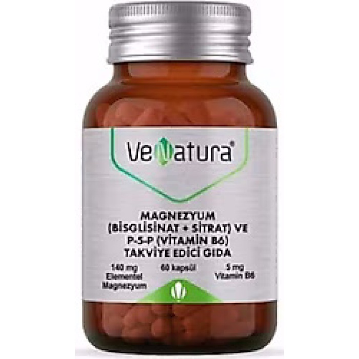 VeNatura Magnezyum (Bisglisinat+Sitrat) ve P5P (Vitamin B6) 60 Kapsül