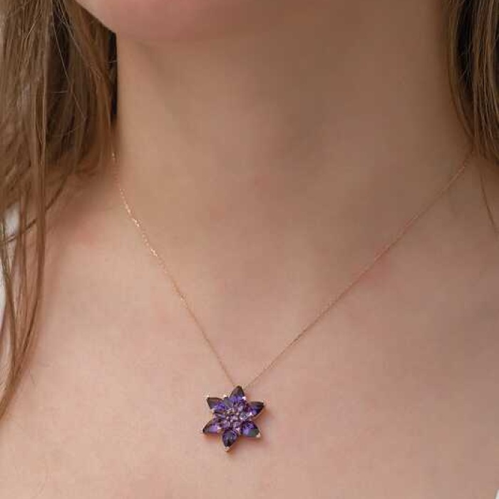 Gümüş Rose Mor Lotus Çiçeği Kolye