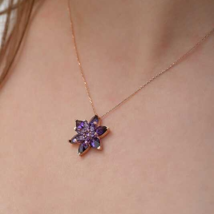 Gümüş Rose Mor Lotus Çiçeği Kolye