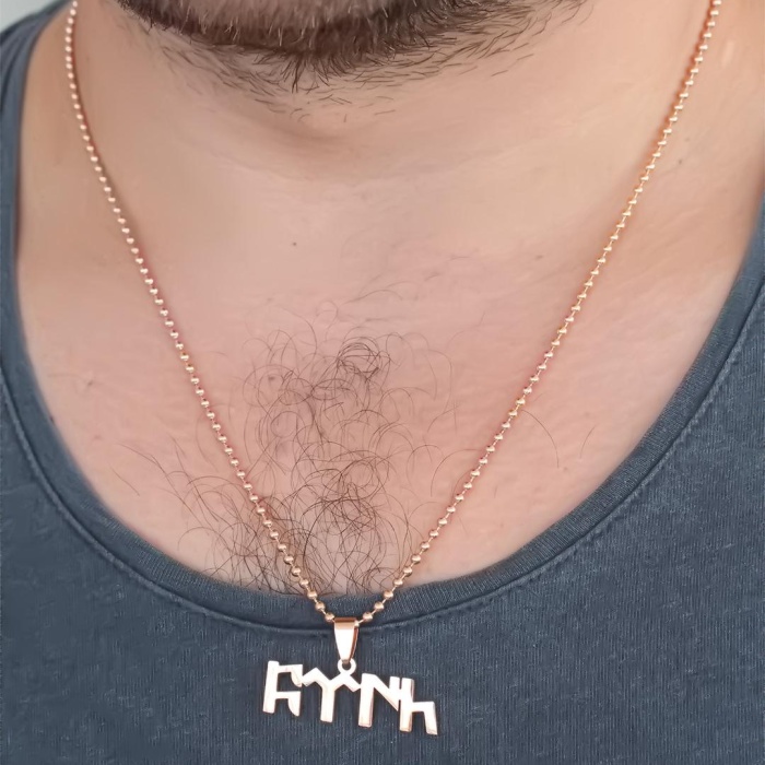 Rose Renk Metal Göktürkçe Türk Yazı Figürlü Erkek Kolye