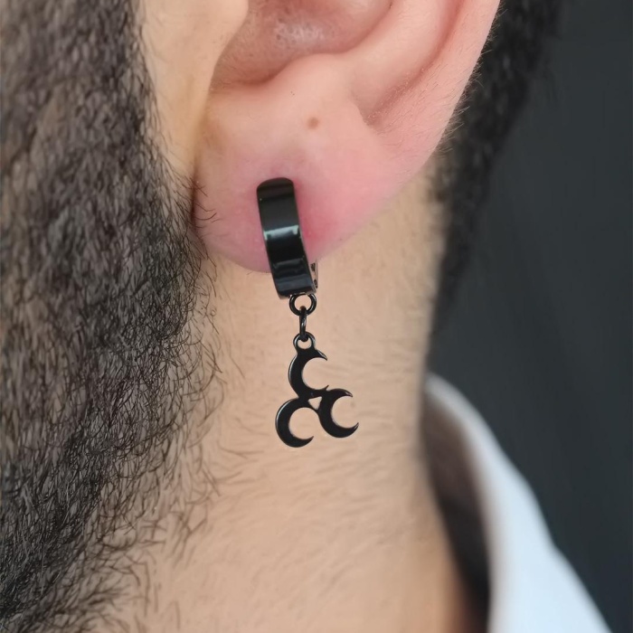 Siyah Renk Kaplama 3 Hilal Figürlü Çelik Kıstırmalı Erkek Küpe