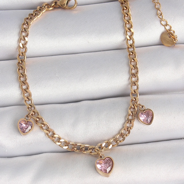 316L Çelik Gold Renk Zincir Sallantı Pembe Zirkon Taşlı Kalp Model Kadın Bileklik