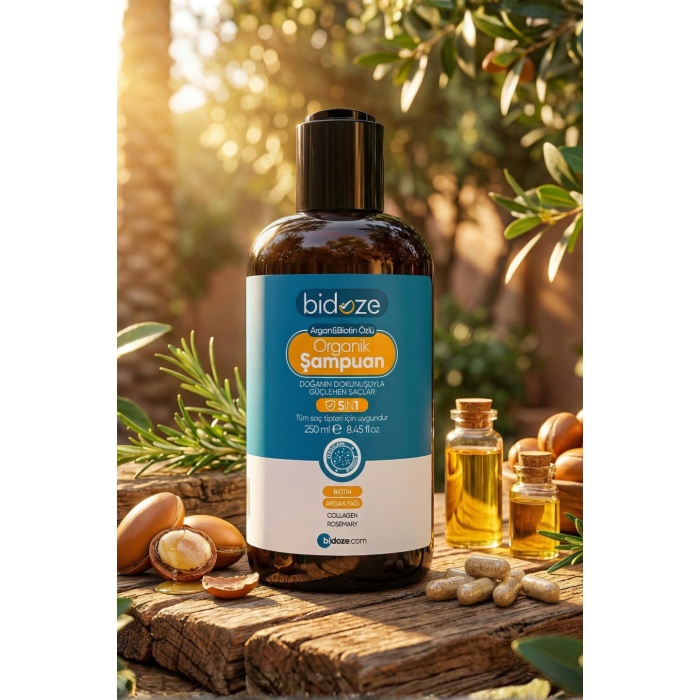 Bidoze Argan & Biotin Özlü Organik Şampuan 250 Ml. | Dökülme ve Kepek Karşıtı Onarıcı Bakım