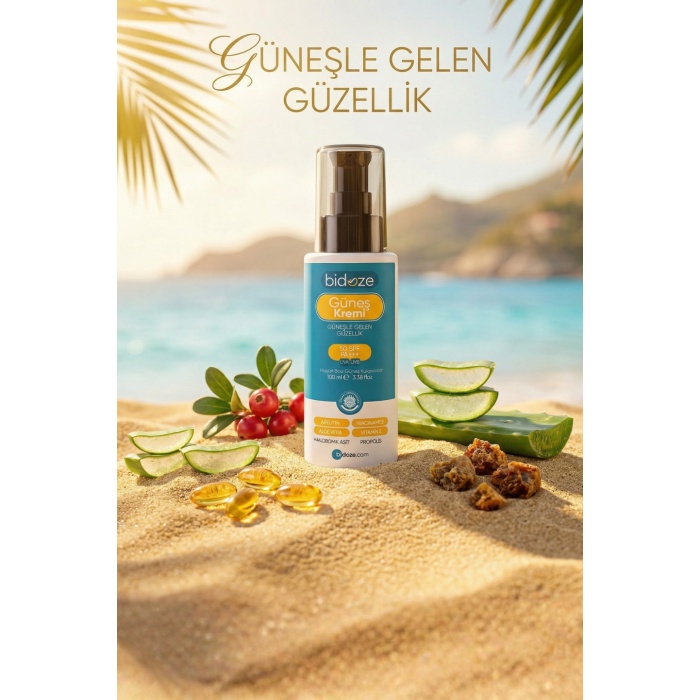 Bidoze Güneş Kremi 50+ SPF | Leke Karşıtı Onarıcı, Alpha-Arbutin Ginseng ve Kolajen