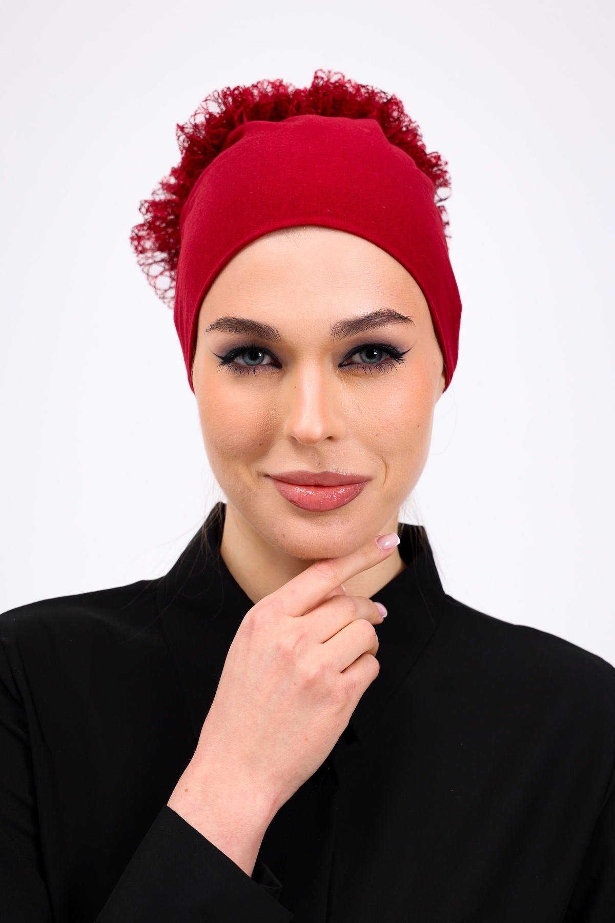Fırfırlı Bordo Dikişsiz Penye Bone Kadın Tesettür Bağlamalı