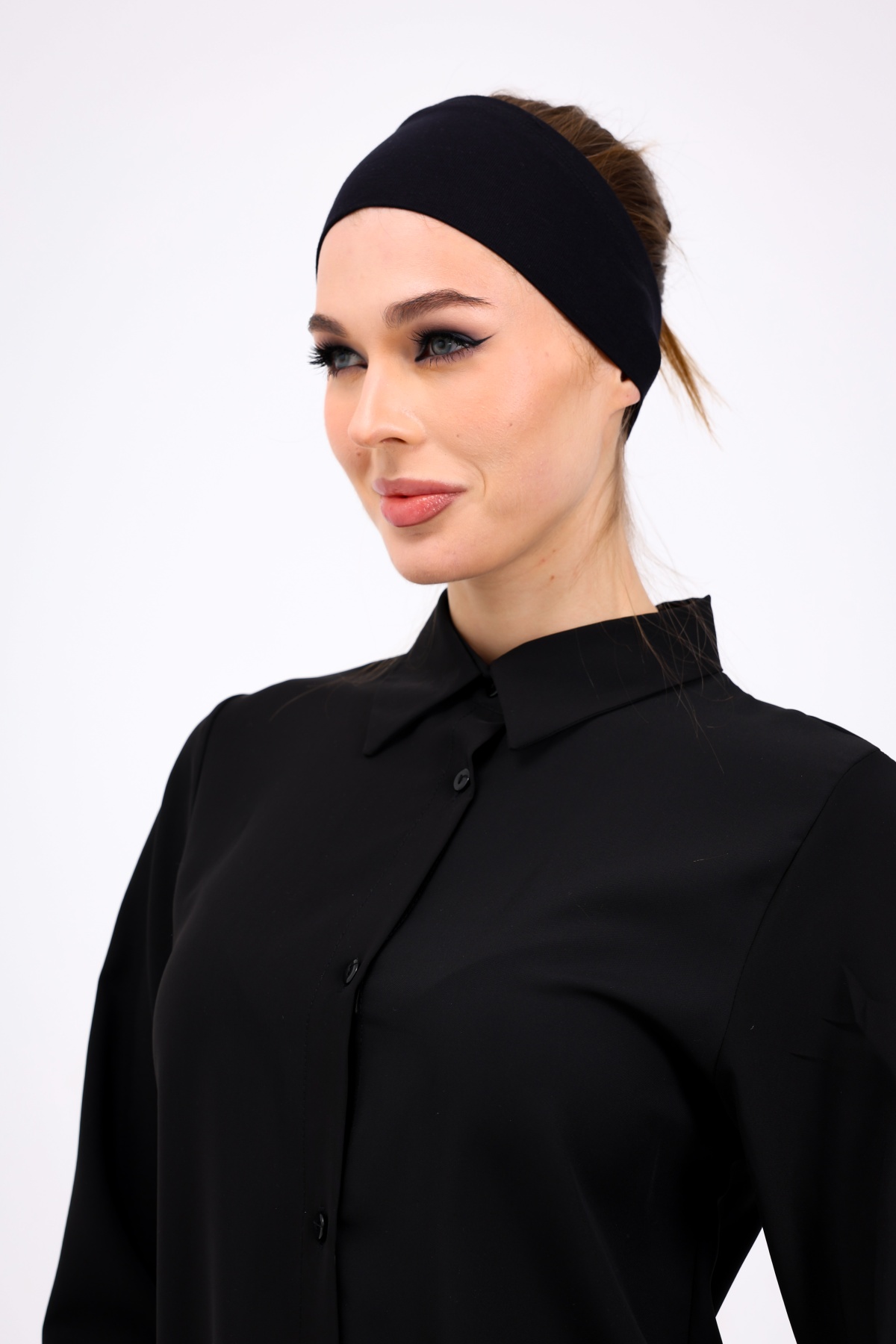 Bandana Siyah Geçme Dikişsiz Tesettür Bone - Sportif Spor Saç Bandı