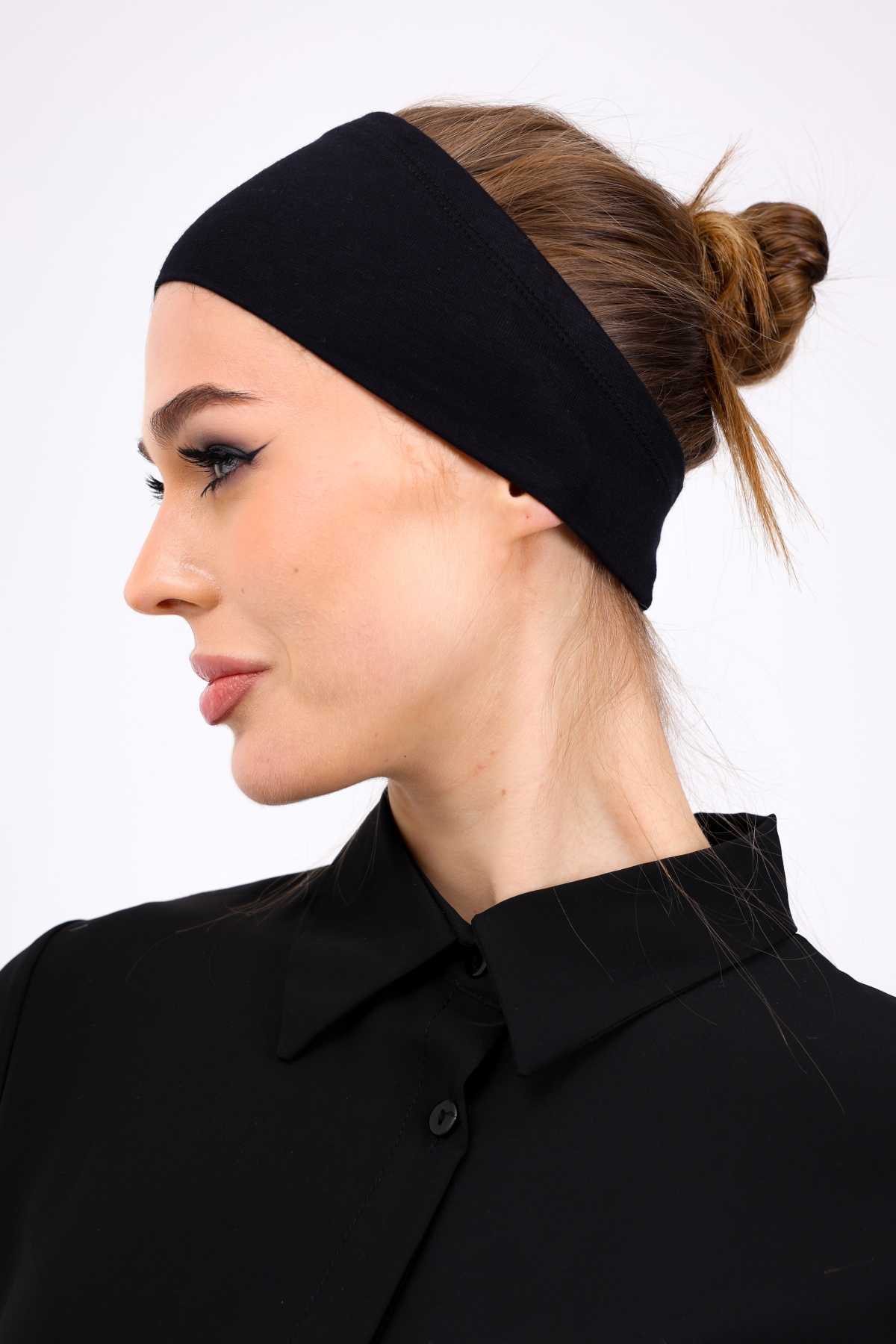 Bandana Siyah Geçme Dikişsiz Tesettür Bone - Sportif Spor Saç Bandı
