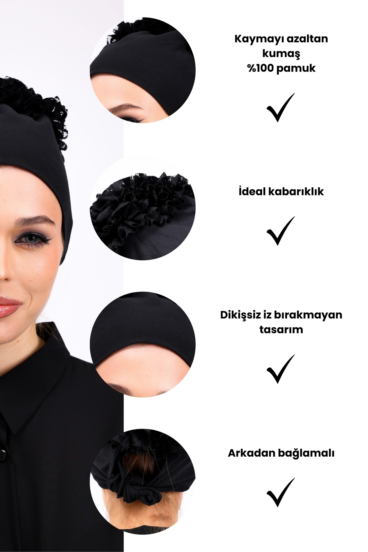Fırfırlı Siyah Dikişsiz Penye Bone Kadın Tesettür Bağlamalı