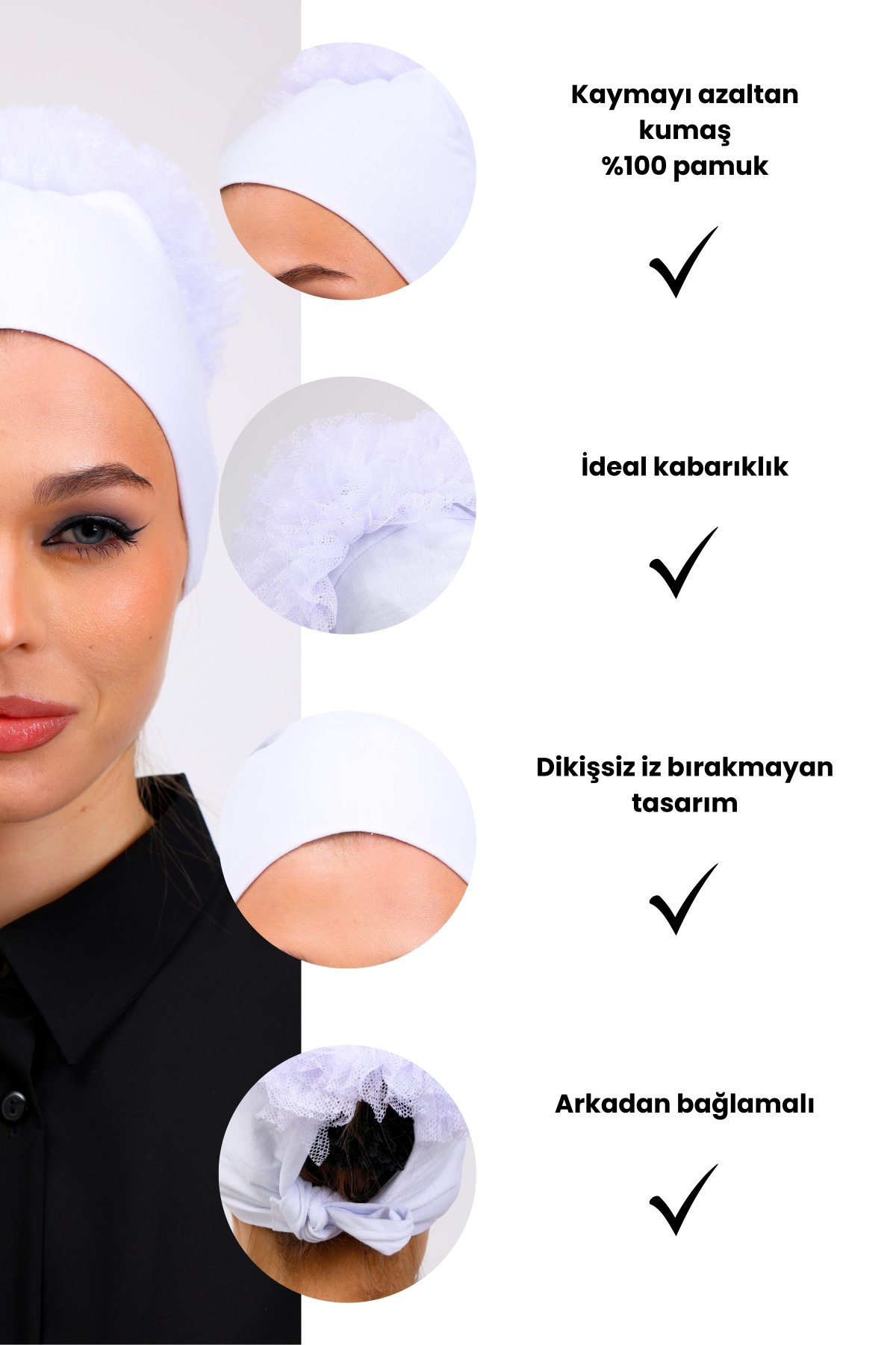 Fırfırlı Beyaz Dikişsiz Penye Bone Kadın Tesettür Bağlamalı