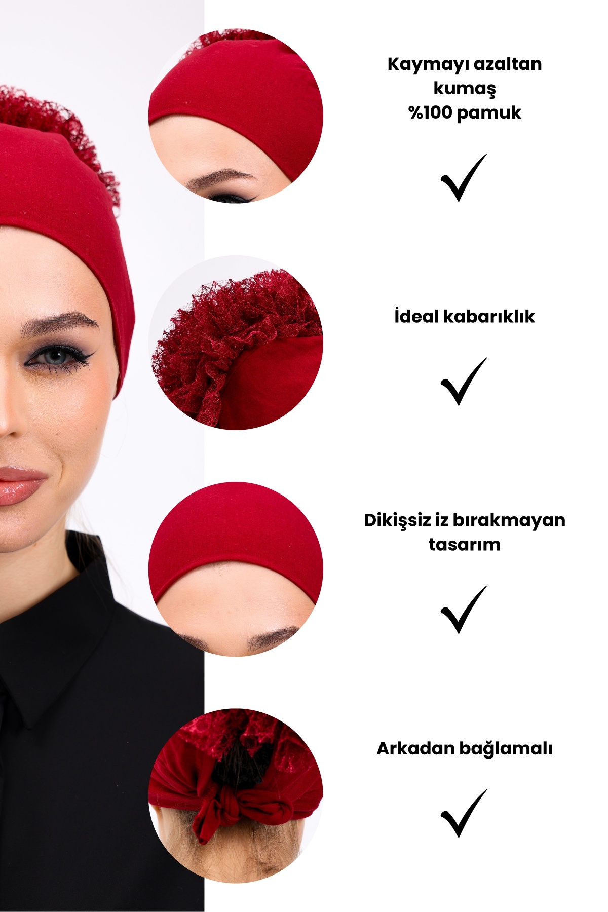 Fırfırlı Bordo Dikişsiz Penye Bone Kadın Tesettür Bağlamalı