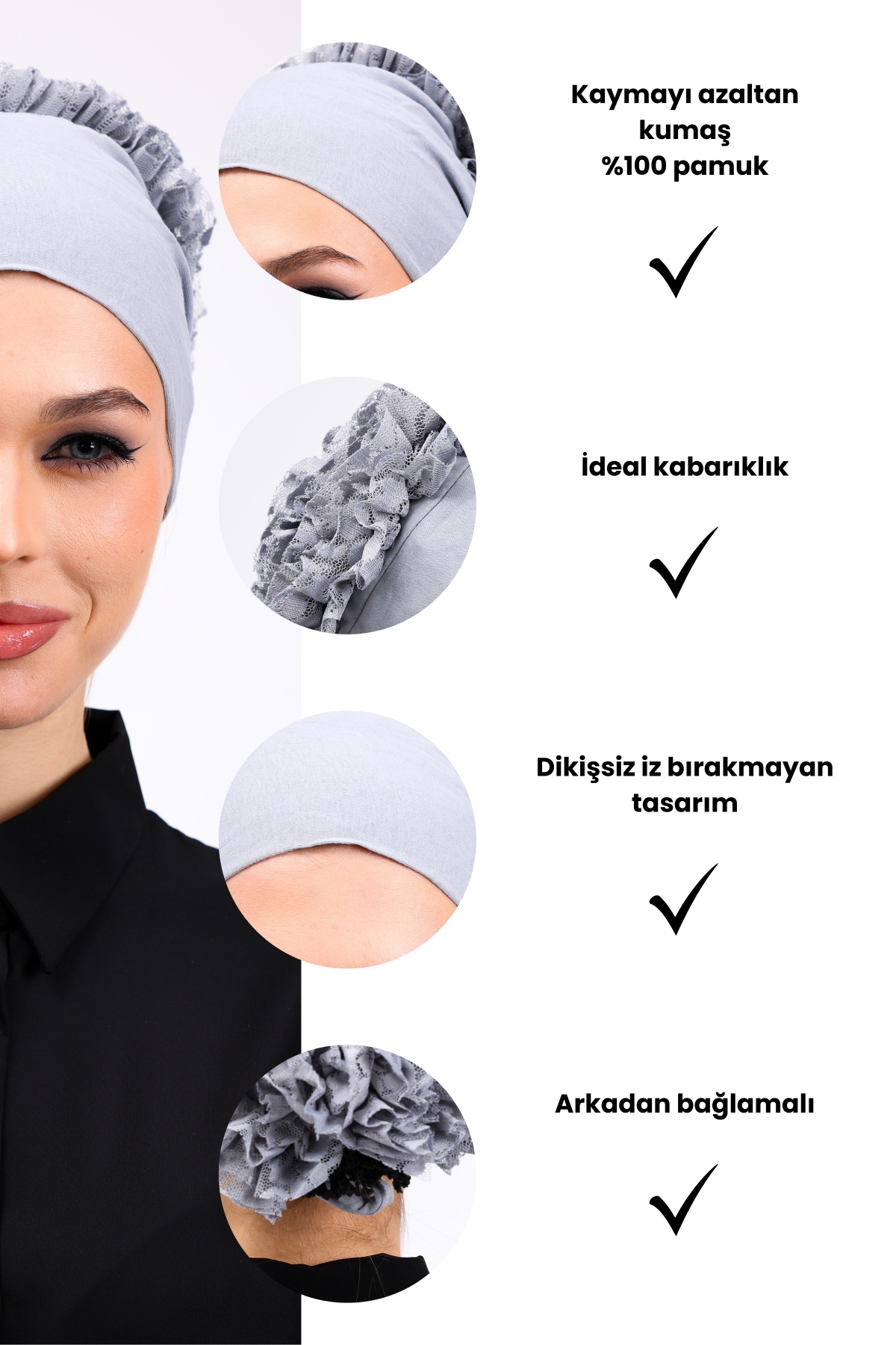 Fırfırlı Açık Gri Dikişsiz Penye Bone Kadın Tesettür Bağlamalı