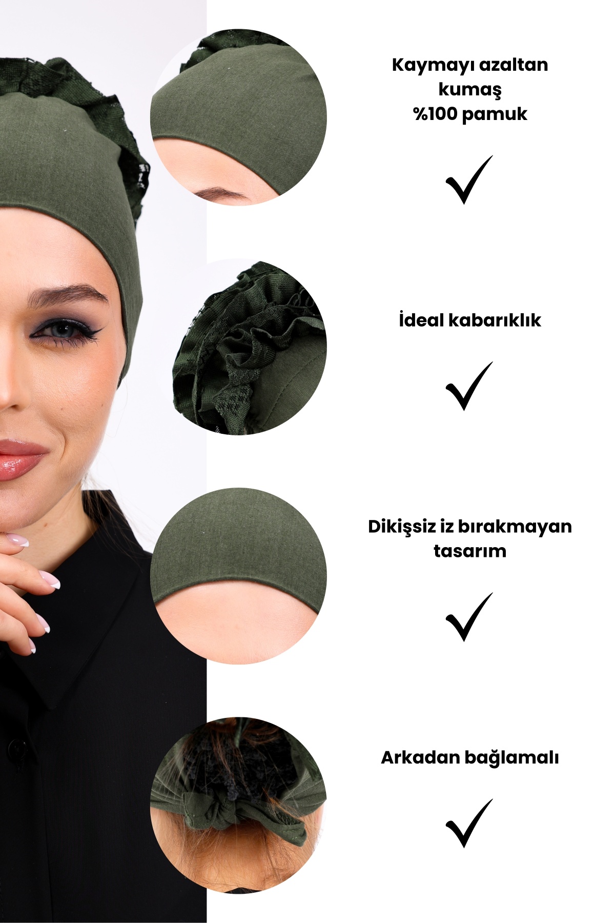Fırfırlı Haki Yeşil Dikişsiz Penye Bone Kadın Tesettür Bağlamalı