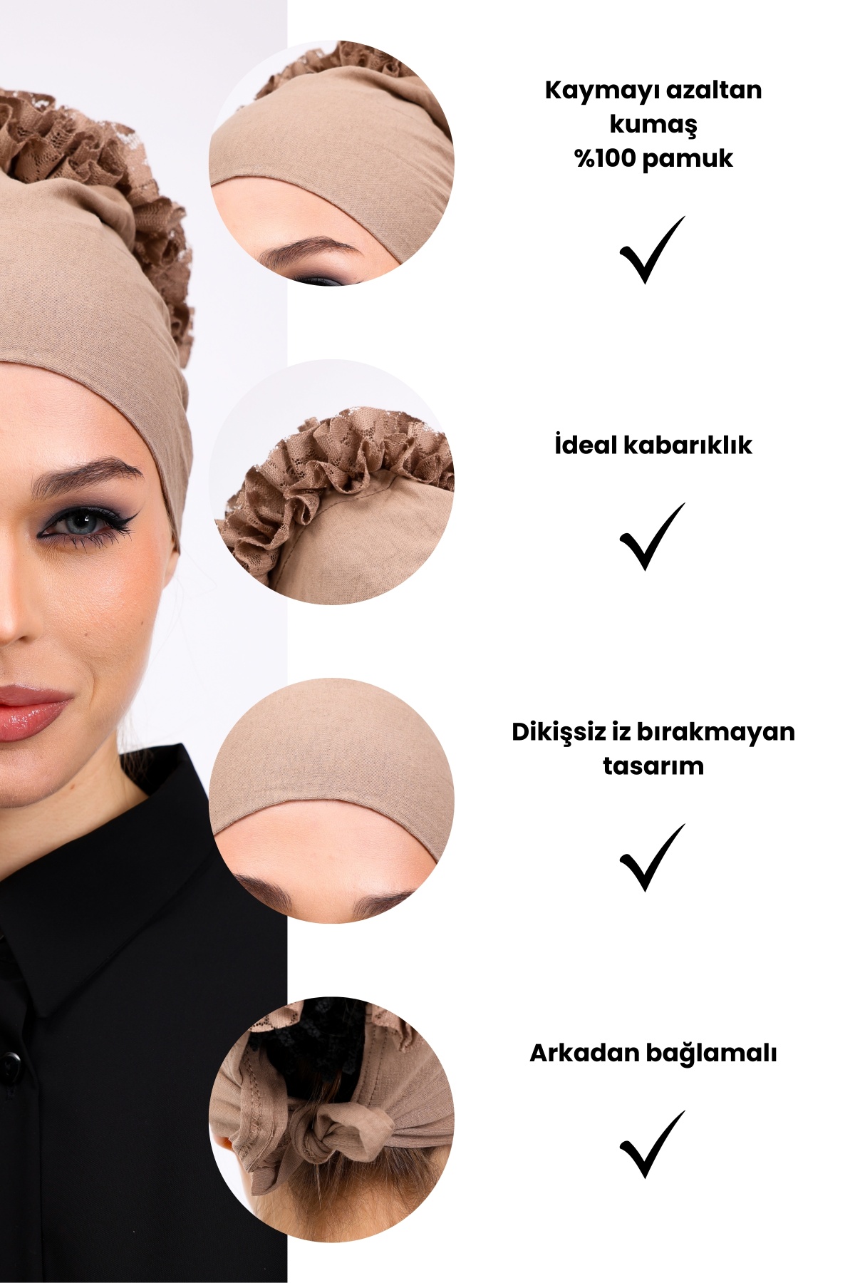 Fırfırlı Vizon Dikişsiz Penye Bone Kadın Tesettür Bağlamalı