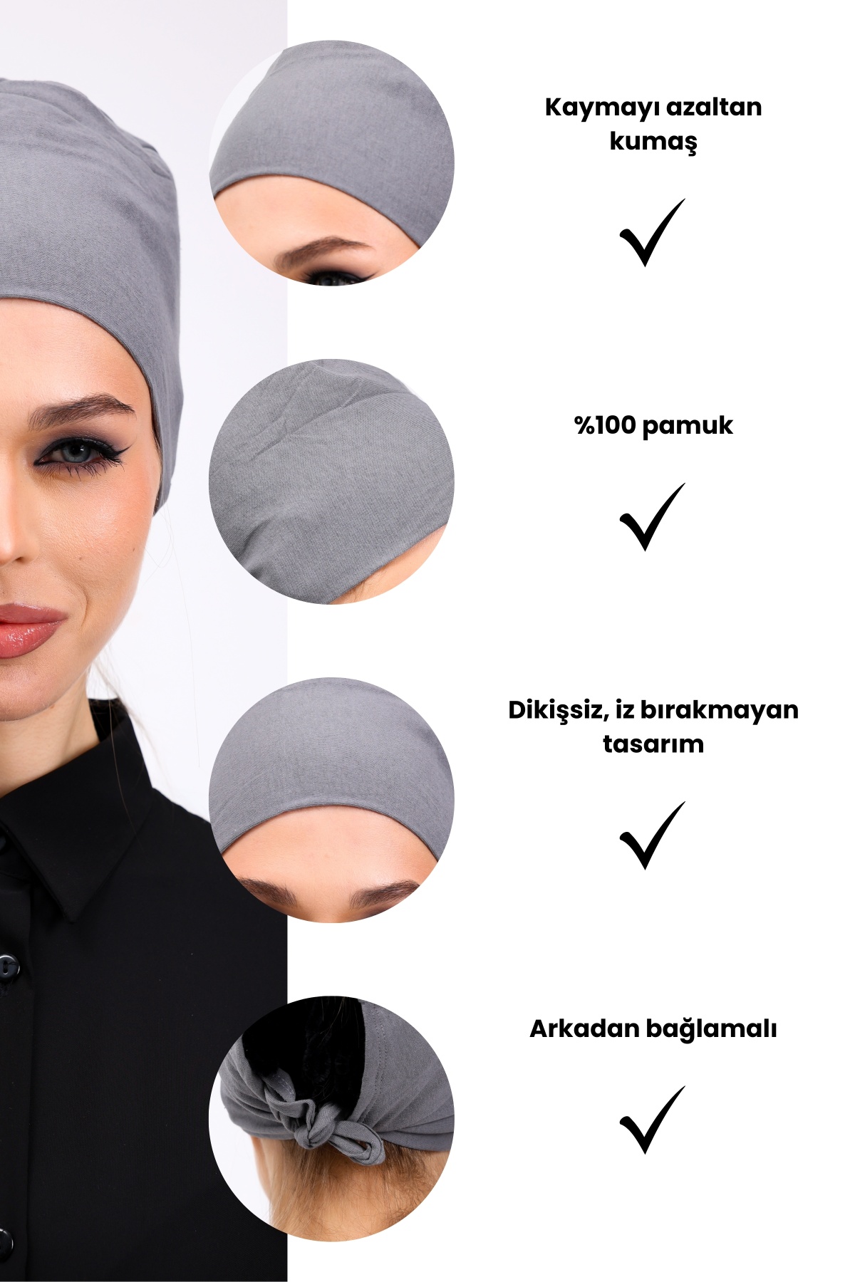 Dikişsiz Gri Penye Bone Kadın Tesettür Bağlamalı