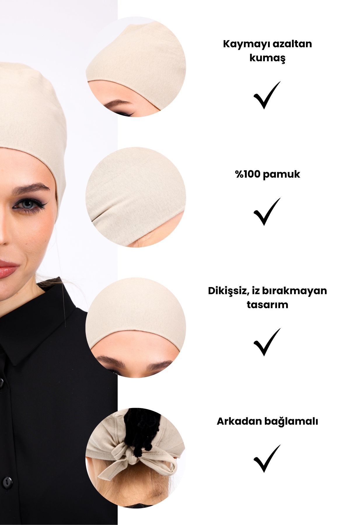 Dikişsiz Krem Penye Bone Kadın Tesettür Bağlamalı (Taş Rengi - Bej)