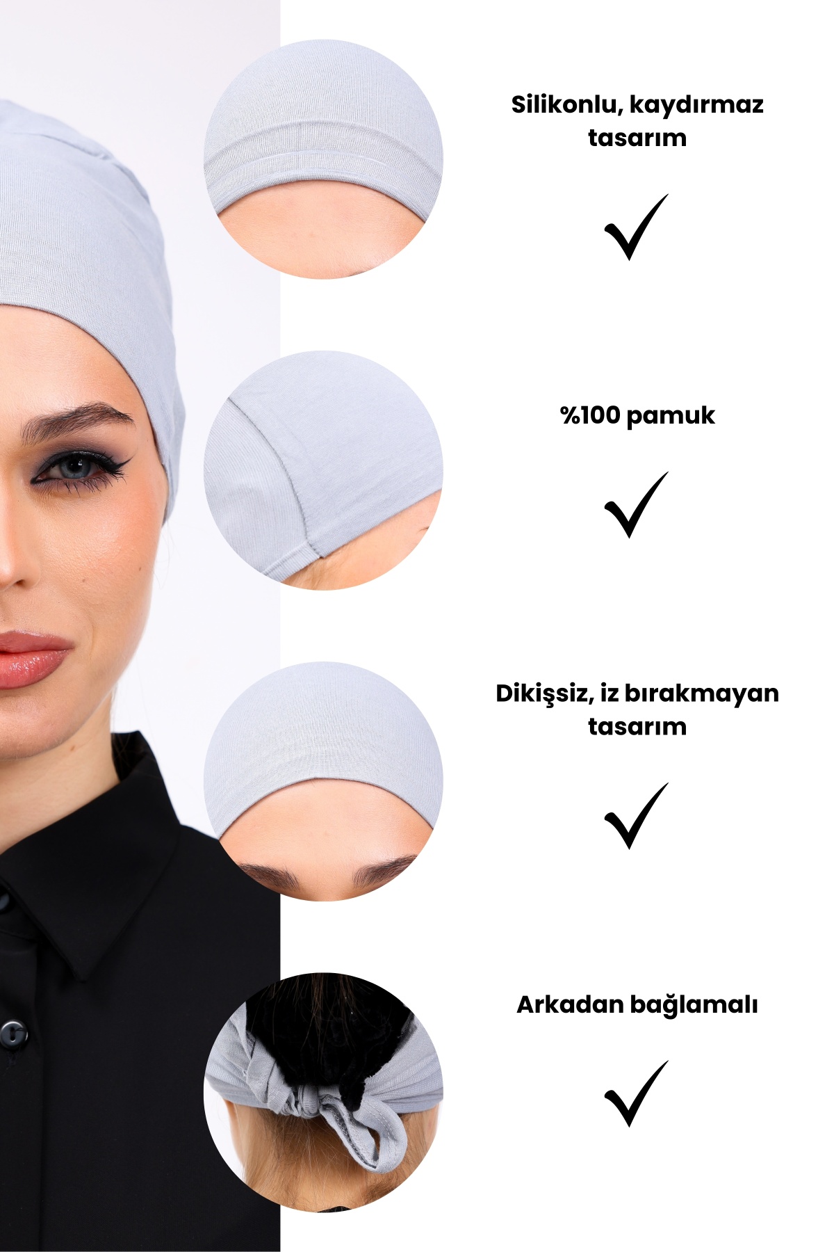 Kaymayan Açık Gri Bone Silikonlu Kaymaz Dikişsiz Kadın Tesettür Bağlamalı
