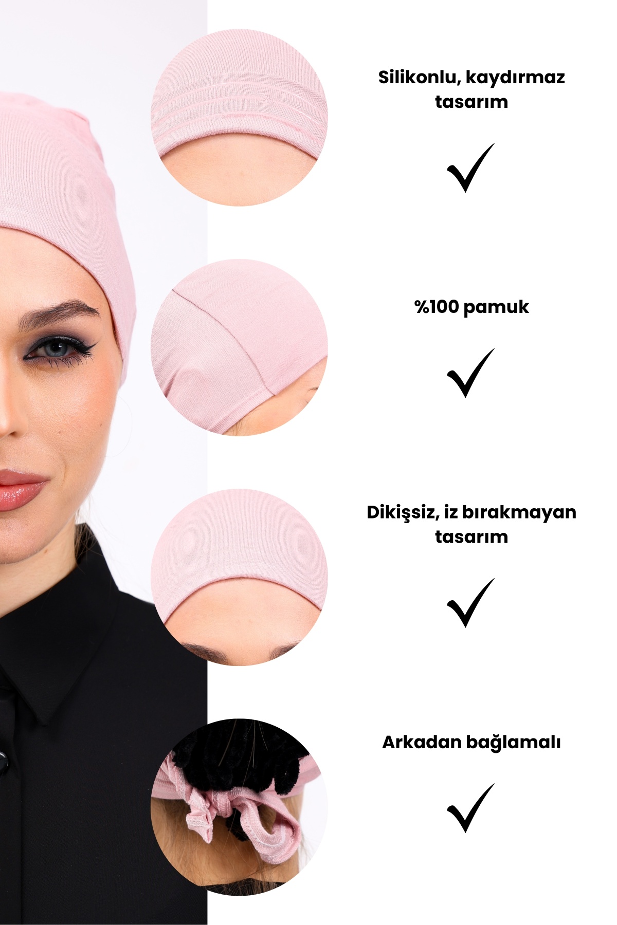 Kaymayan Pembe Bone Silikonlu Kaymaz Dikişsiz Kadın Tesettür Bağlamalı