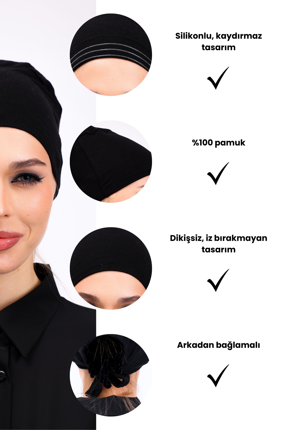 Kaymayan Siyah Bone Silikonlu Kaymaz Dikişsiz Kadın Tesettür Bağlamalı