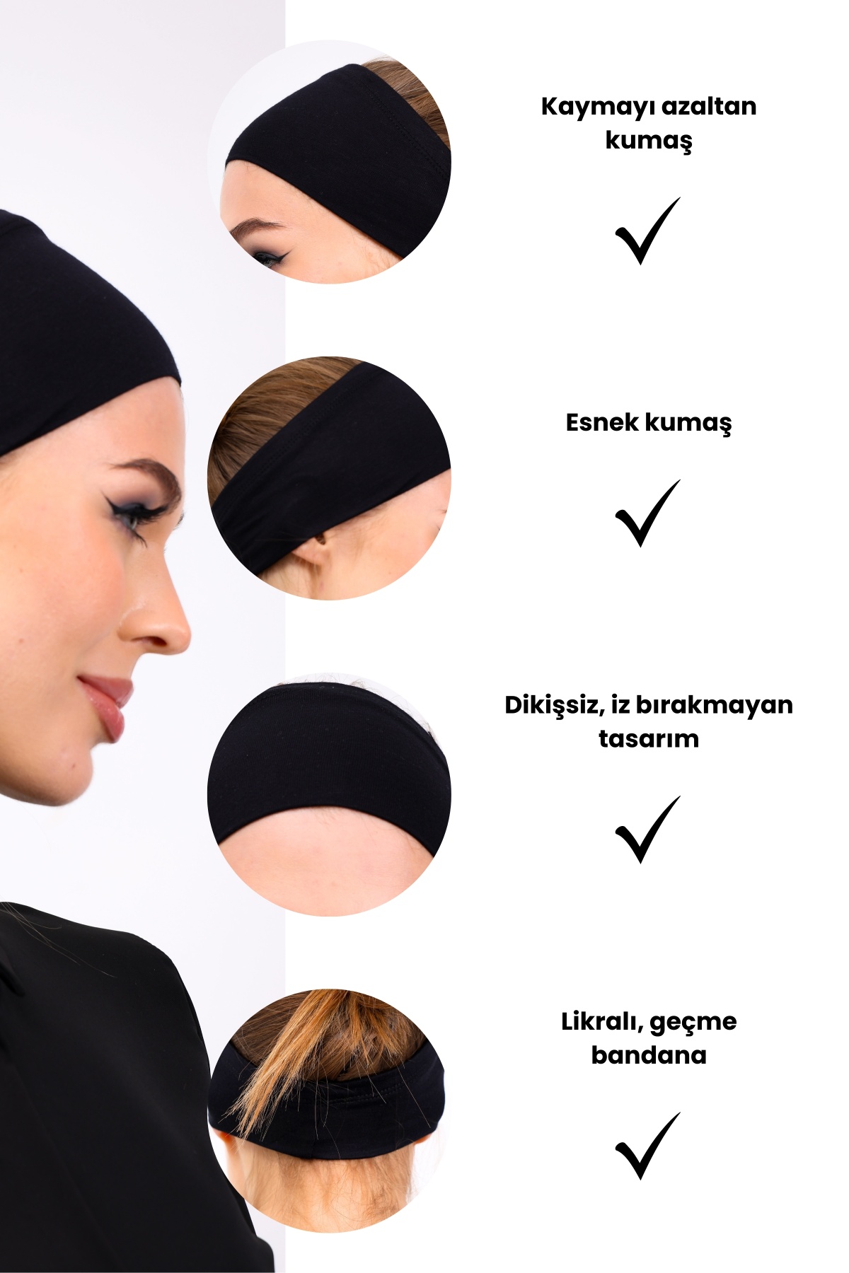 Bandana Siyah Geçme Dikişsiz Tesettür Bone - Sportif Spor Saç Bandı