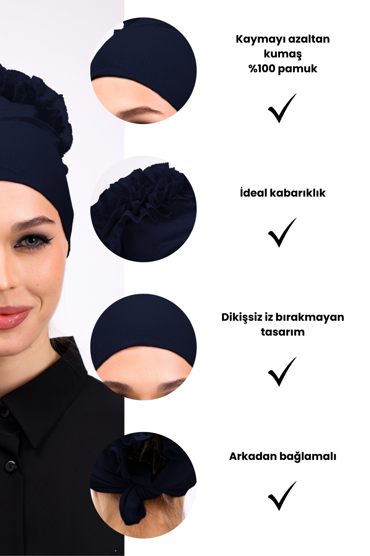Fırfırlı Lacivert Dikişsiz Penye Bone Kadın Tesettür Bağlamalı