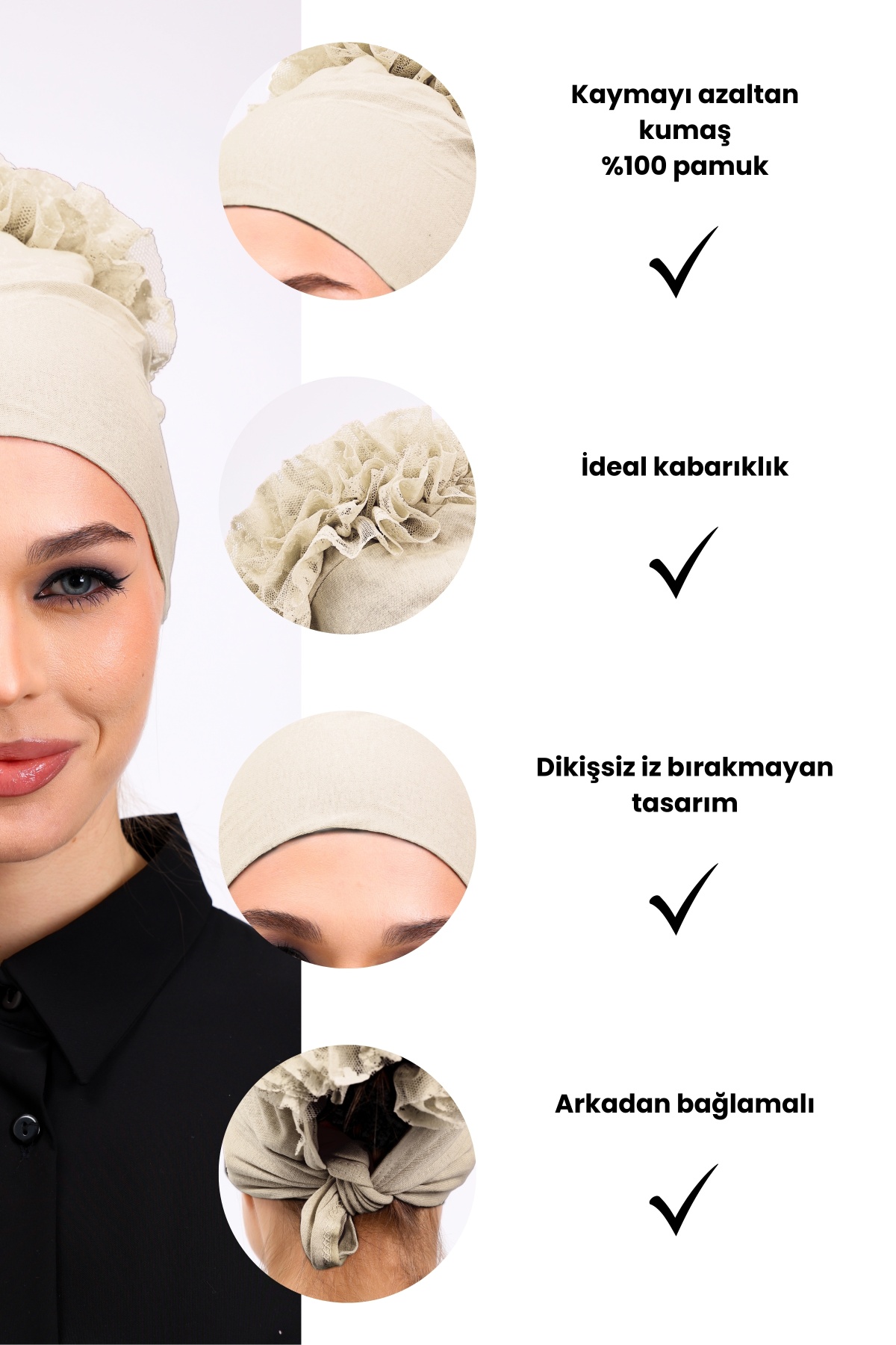 Fırfırlı Krem Dikişsiz Penye Bone Kadın Tesettür Bağlamalı (Taş Rengi - Bej)
