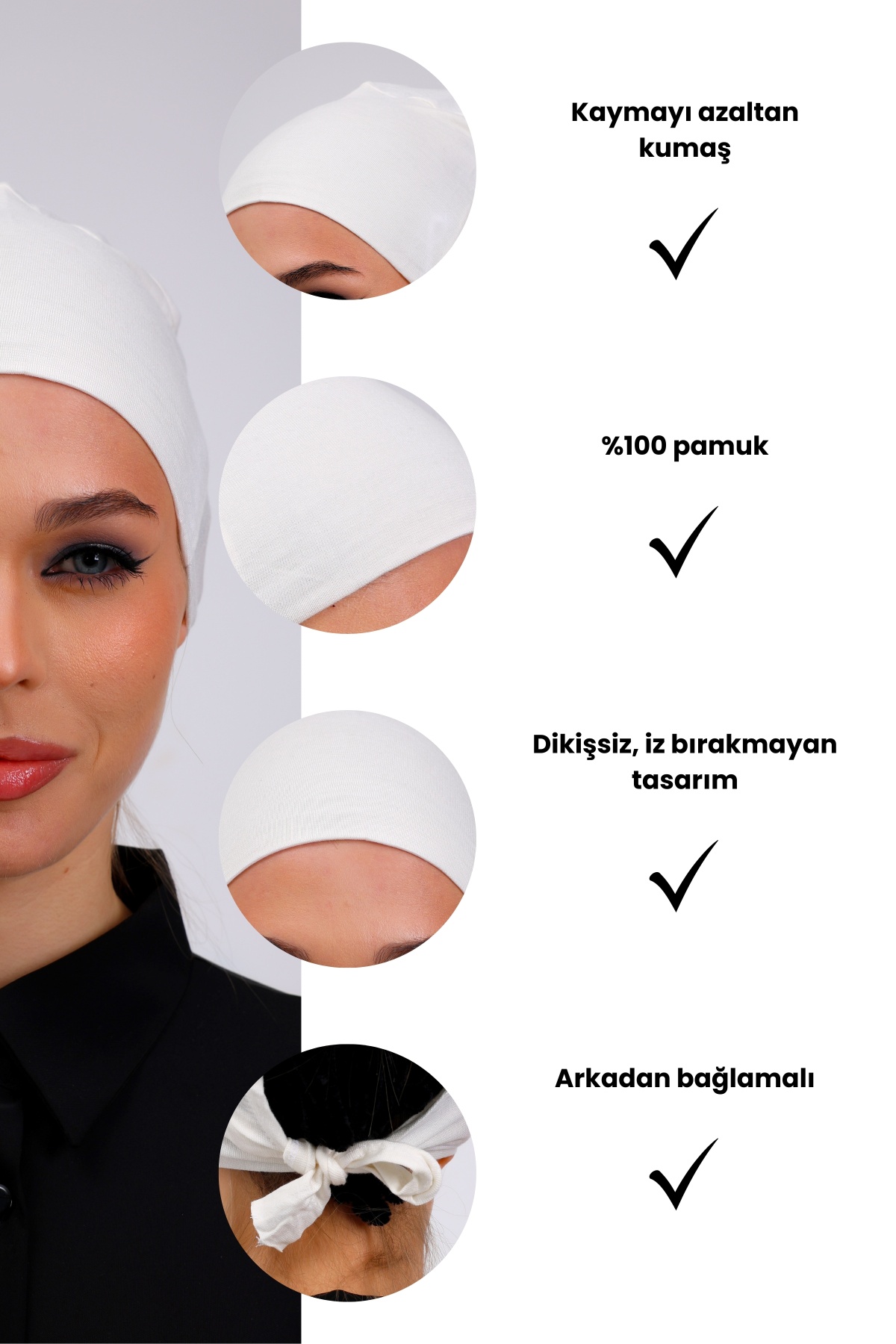 Dikişsiz Ekru Penye Bone Kadın Tesettür Bağlamalı (Kırık Beyaz)