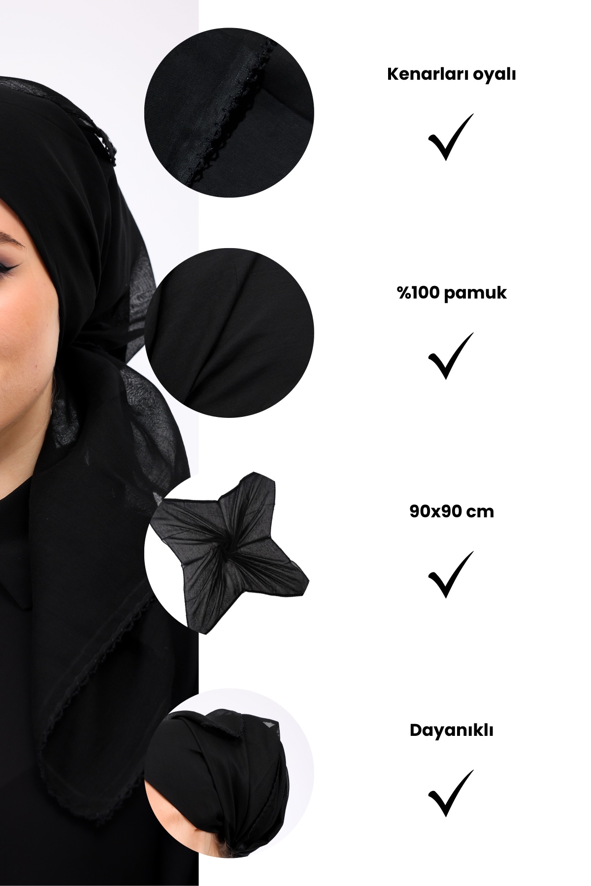 İç Başörtüsü %100 Pamuklu Siyah Kadın Tesettür Kenarları Oyalı 90x90 cm Tülbent Yazma Başörtü