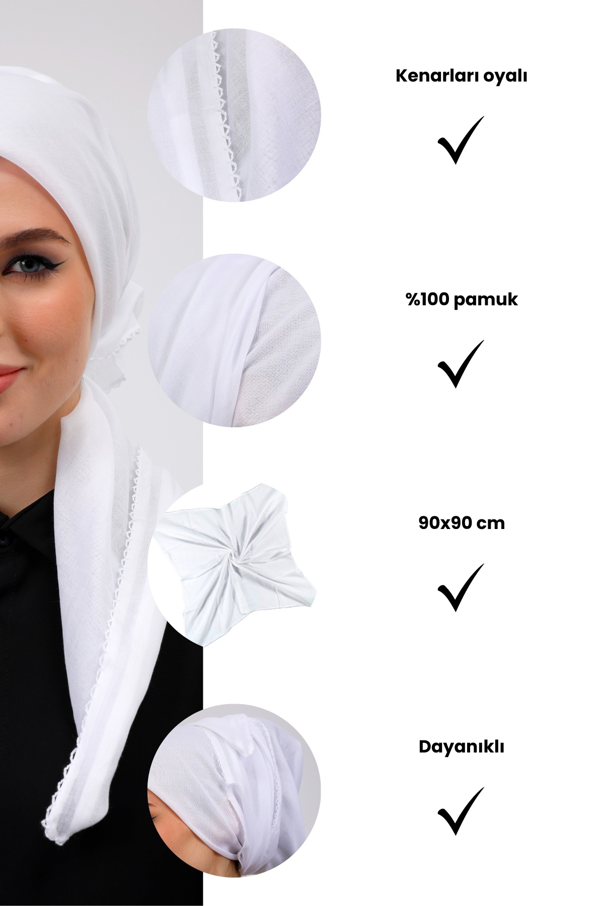 İç Başörtüsü %100 Pamuklu Beyaz Kadın Tesettür Kenarları Oyalı 90x90 cm Tülbent Yazma Başörtü