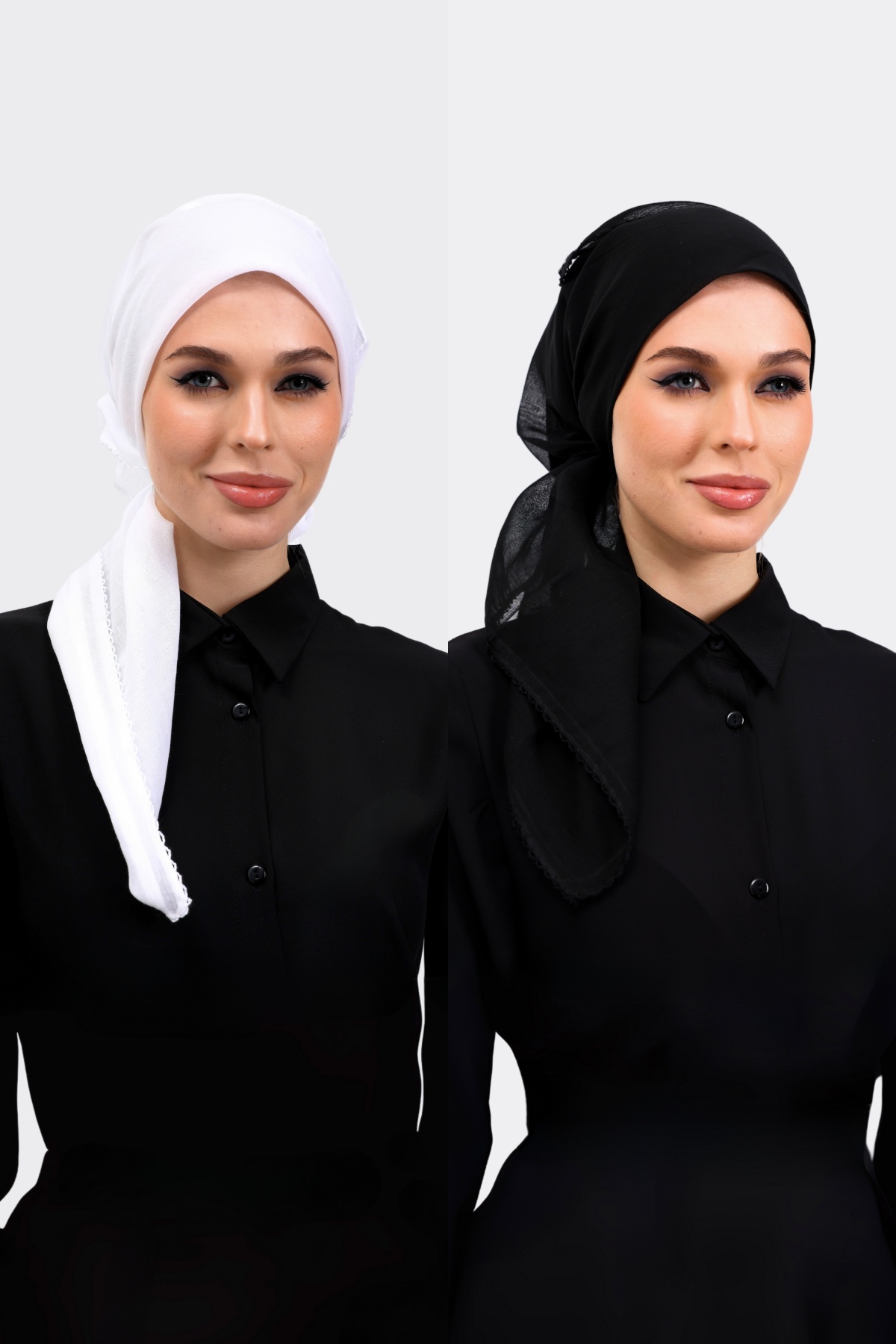 İç Başörtüsü %100 Pamuklu 2li Siyah Beyaz Kadın Tesettür Kenarları Oyalı 90x90 cm Tülbent Yazma Başörtü