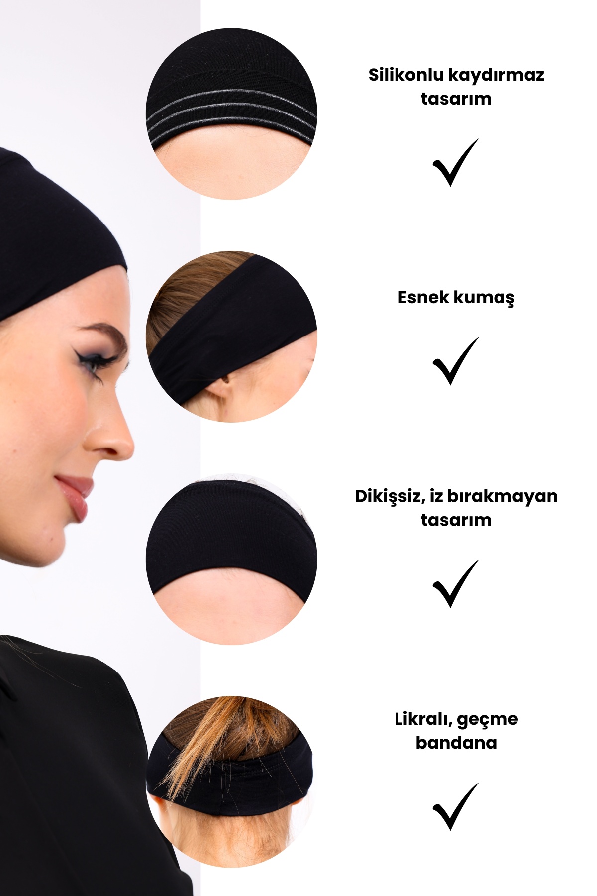 Kaymaz Bandana Siyah Kaymayan Silikonlu Geçme Tesettür Bone - Sportif Spor Saç Bandı