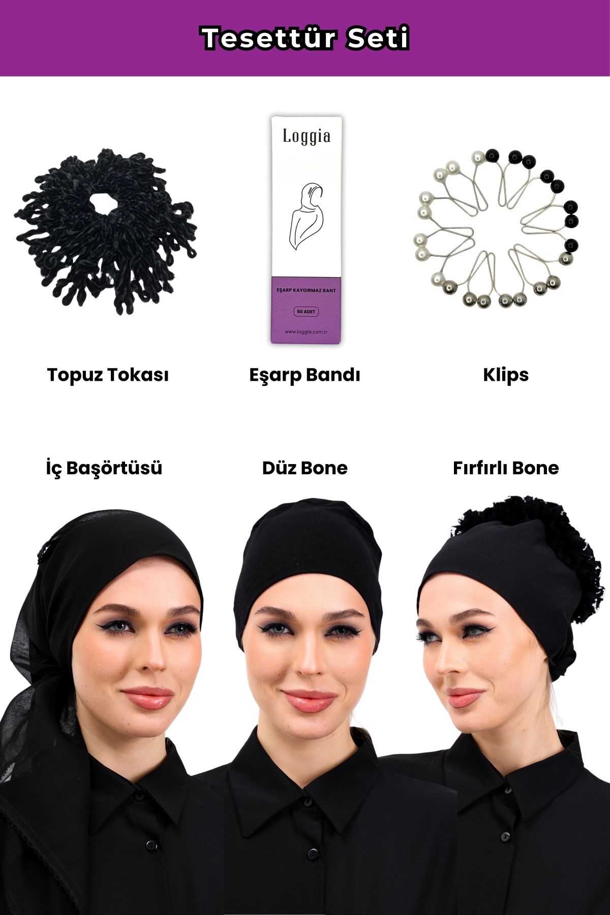 6lı Siyah Tesettür Seti - Topuz Tokası, Eşarp Bandı, Klips, İç Başörtüsü, Düz Bone, Fırfırlı Bone