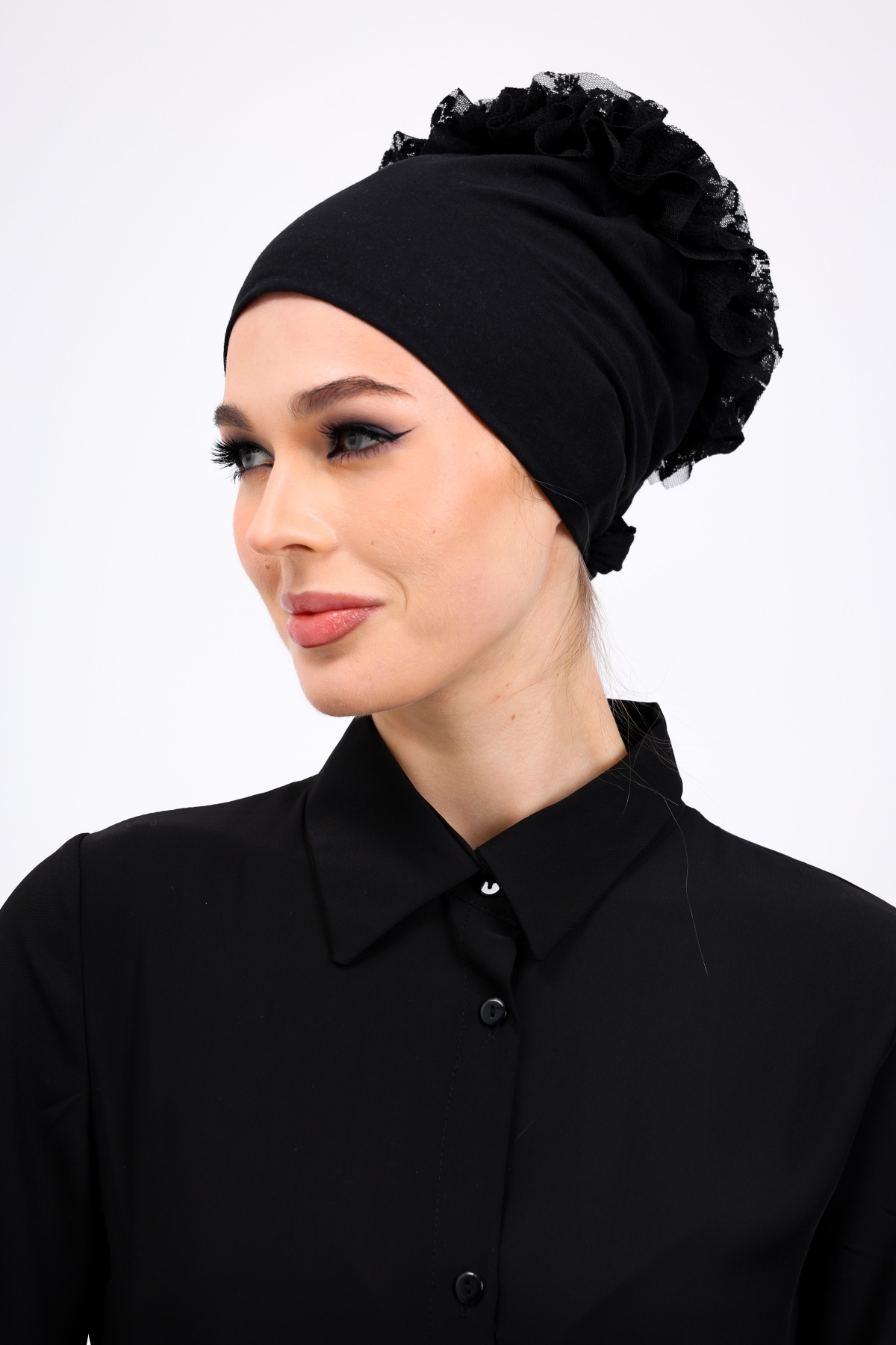 6lı Siyah Tesettür Seti - Topuz Tokası, Eşarp Bandı, Klips, İç Başörtüsü, Düz Bone, Fırfırlı Bone