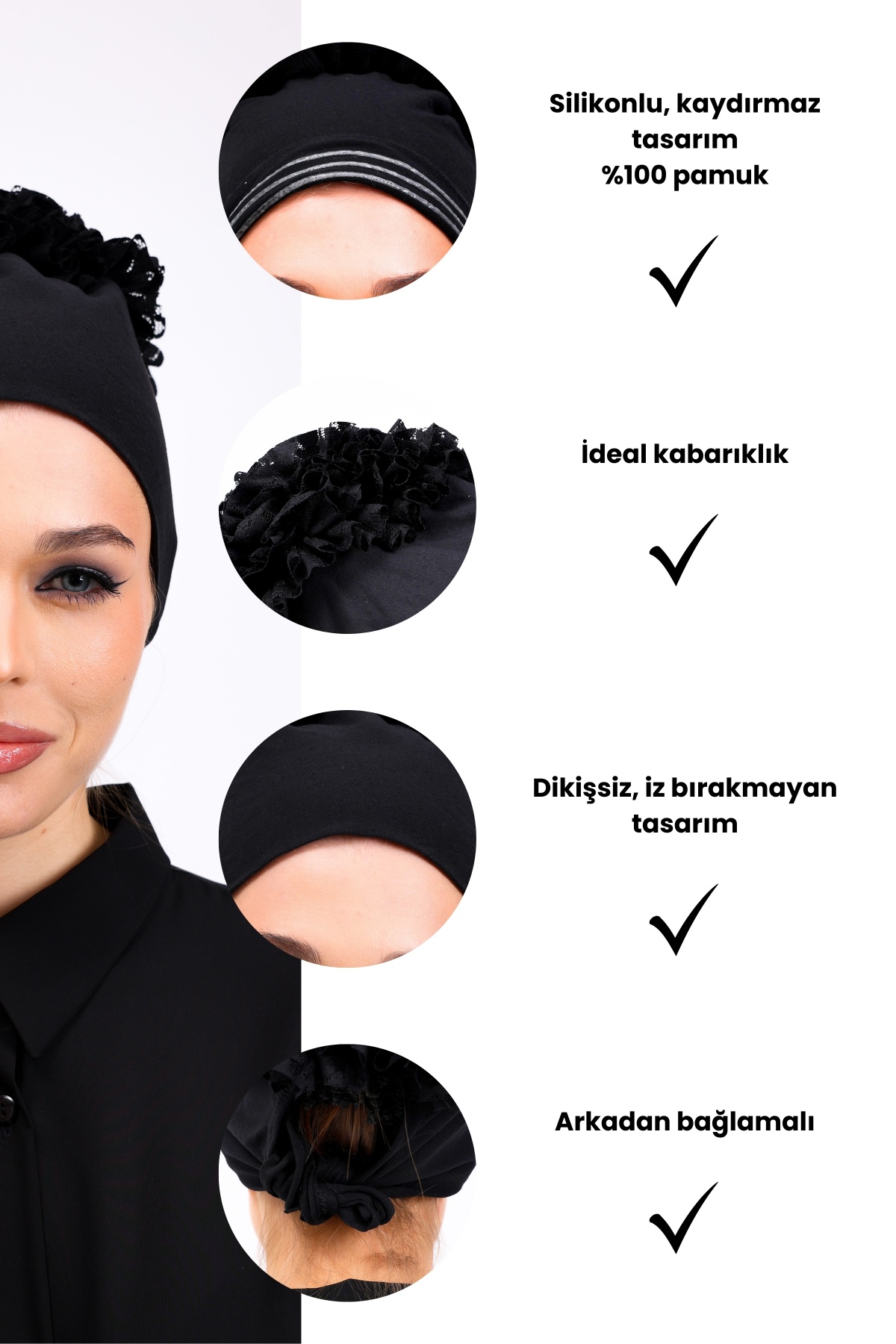 2li Siyah Kaymaz Fırfırlı ve Düz Silikonlu Bone Seti - Kadın Tesettür İç Bone