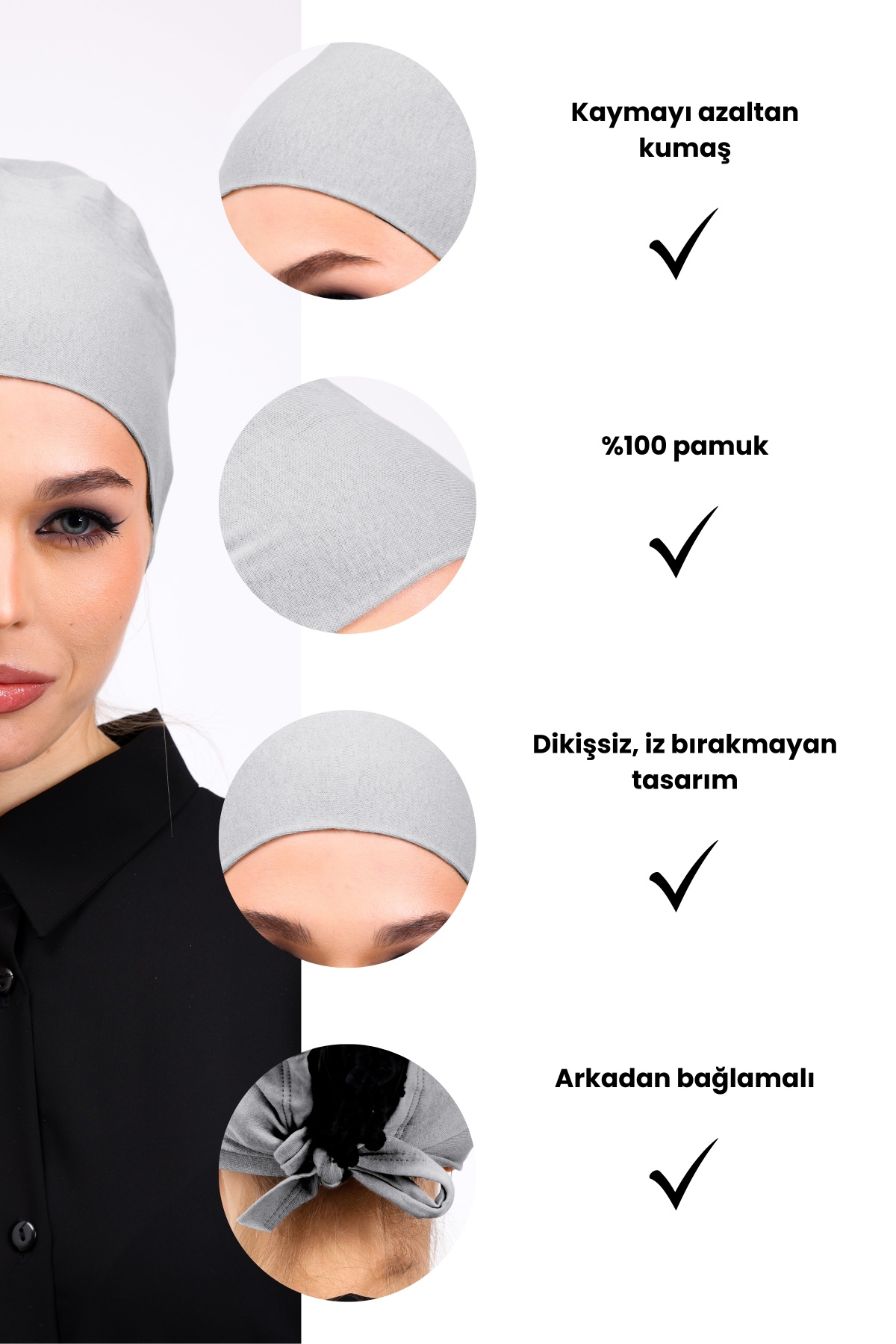 Dikişsiz Açık Gri Penye Bone Kadın Tesettür Bağlamalı
