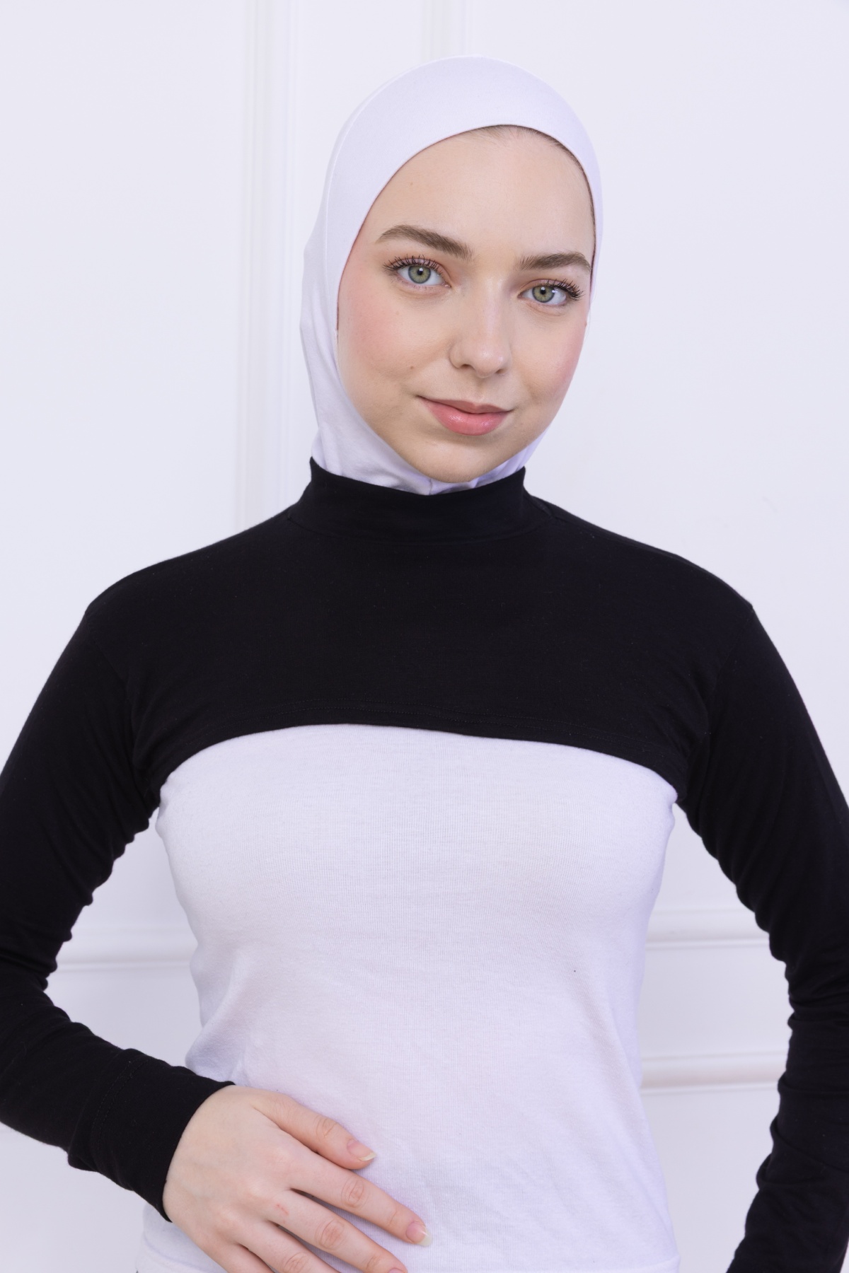 Balıkçı Yaka Boyunluklu Kolluk Siyah - Likralı Dik Yakalı Kadın Body Tesettür Crop Bolero Hijab