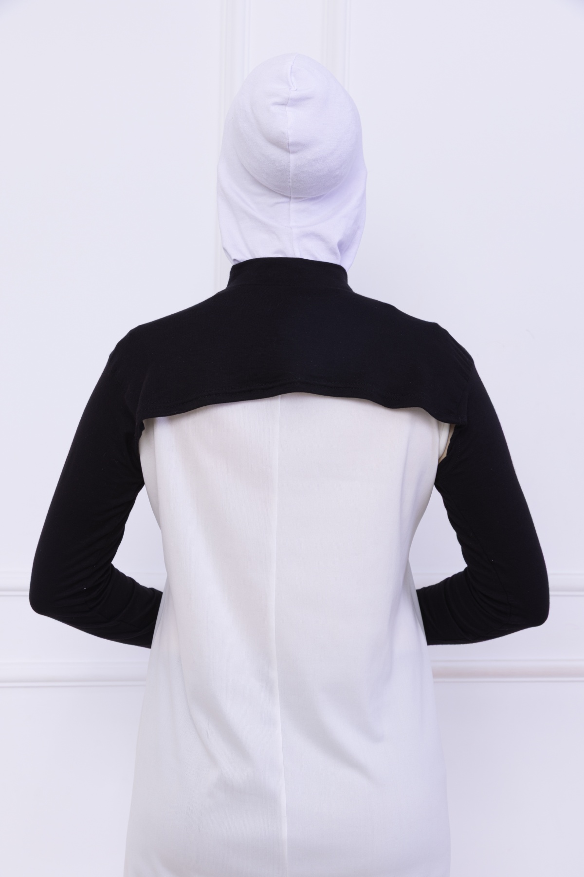 Balıkçı Yaka Boyunluklu Kolluk Siyah - Likralı Dik Yakalı Kadın Body Tesettür Crop Bolero Hijab