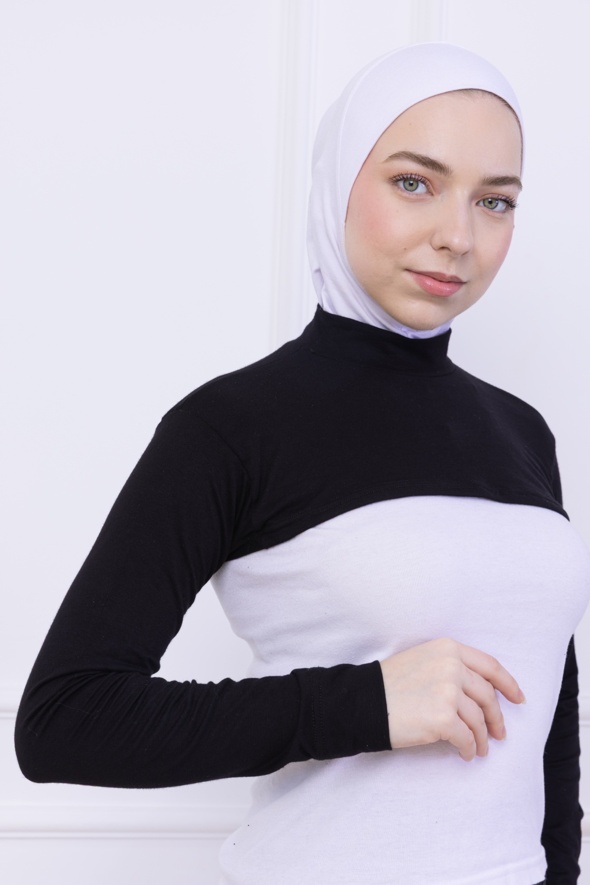 Balıkçı Yaka Boyunluklu Kolluk Siyah - Likralı Dik Yakalı Kadın Body Tesettür Crop Bolero Hijab