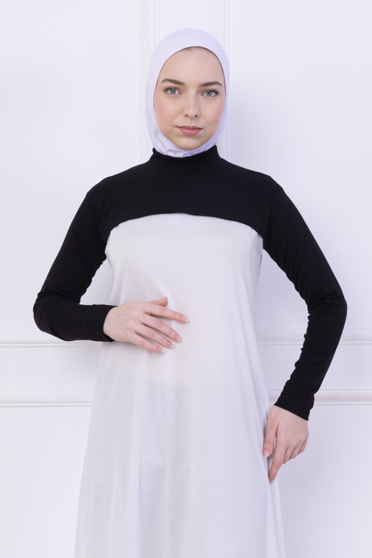 Balıkçı Yaka Boyunluklu Kolluk Siyah - Likralı Dik Yakalı Kadın Body Tesettür Crop Bolero Hijab