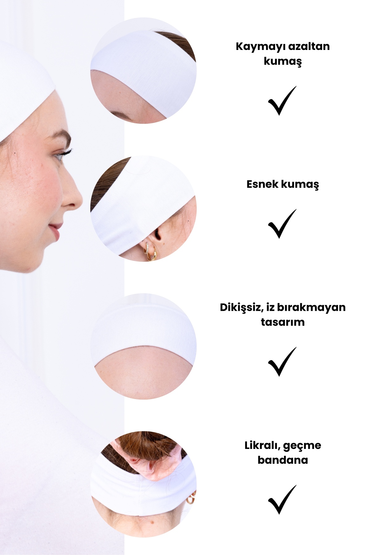 Bandana Beyaz Geçme Dikişsiz Tesettür Bone - Sportif Spor Saç Bandı