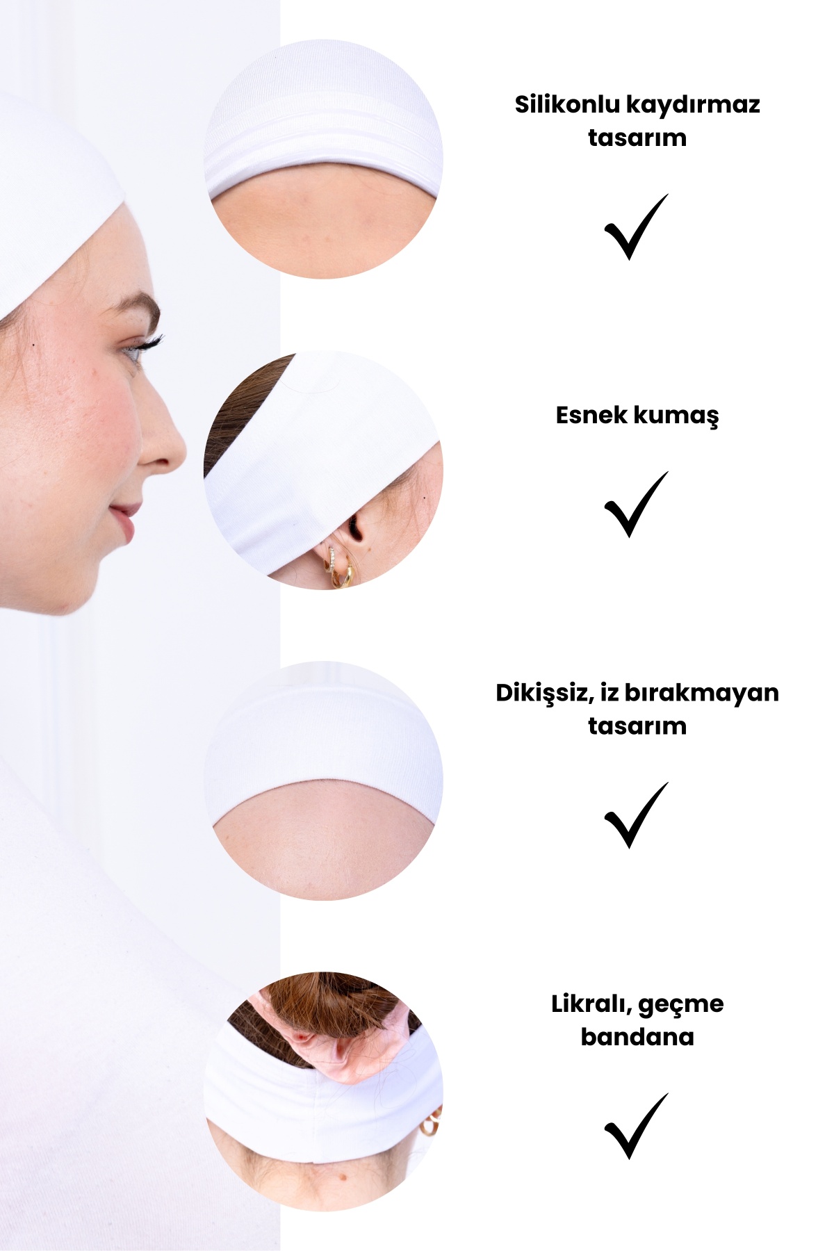 2li Kaymaz Bandana Siyah Beyaz Kaymayan Silikonlu Geçme Tesettür Bone - Sportif Spor Saç Bandı