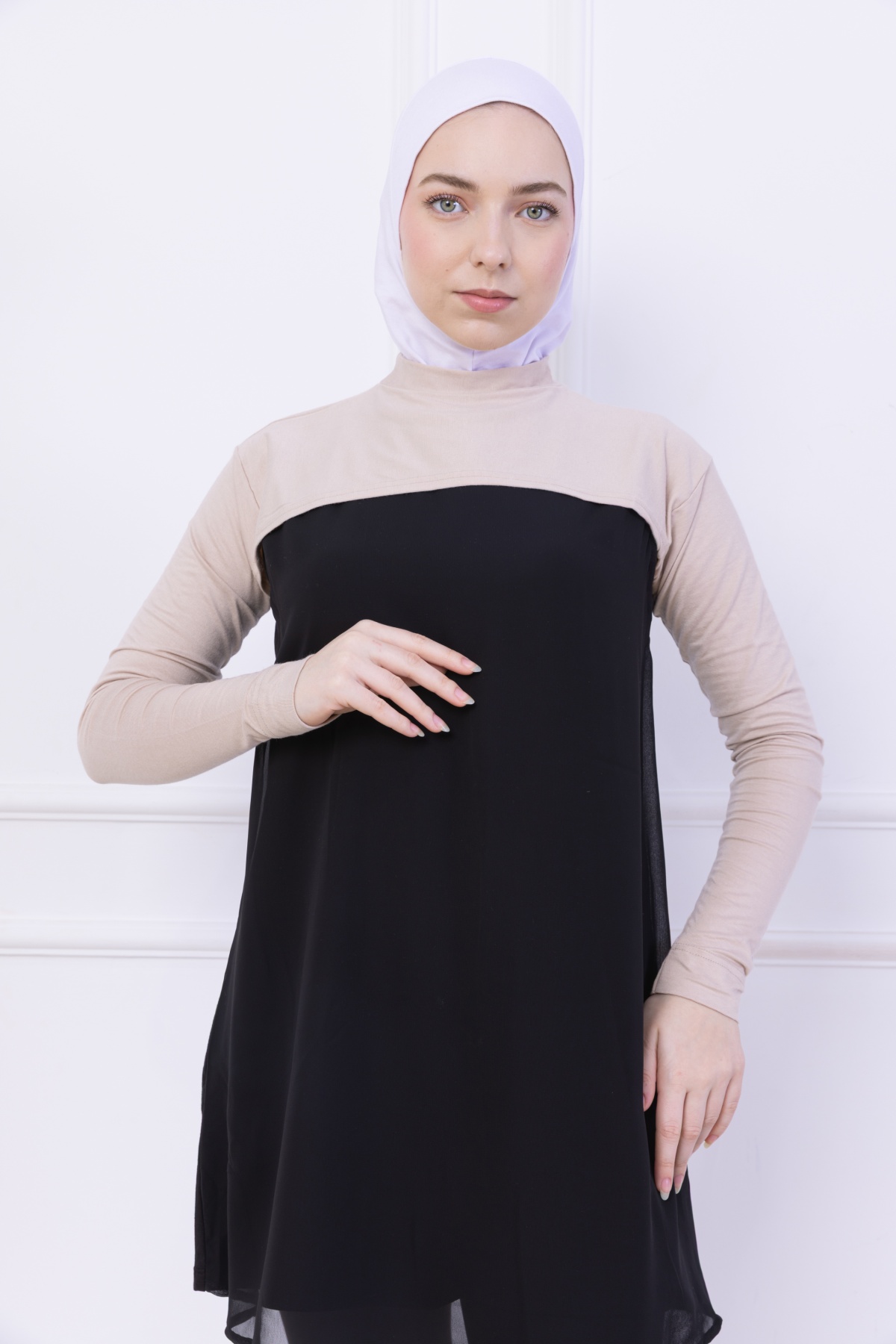 Balıkçı Yaka Boyunluklu Kolluk Bej - Likralı Dik Yakalı Kadın Body Tesettür Crop Bolero Hijab