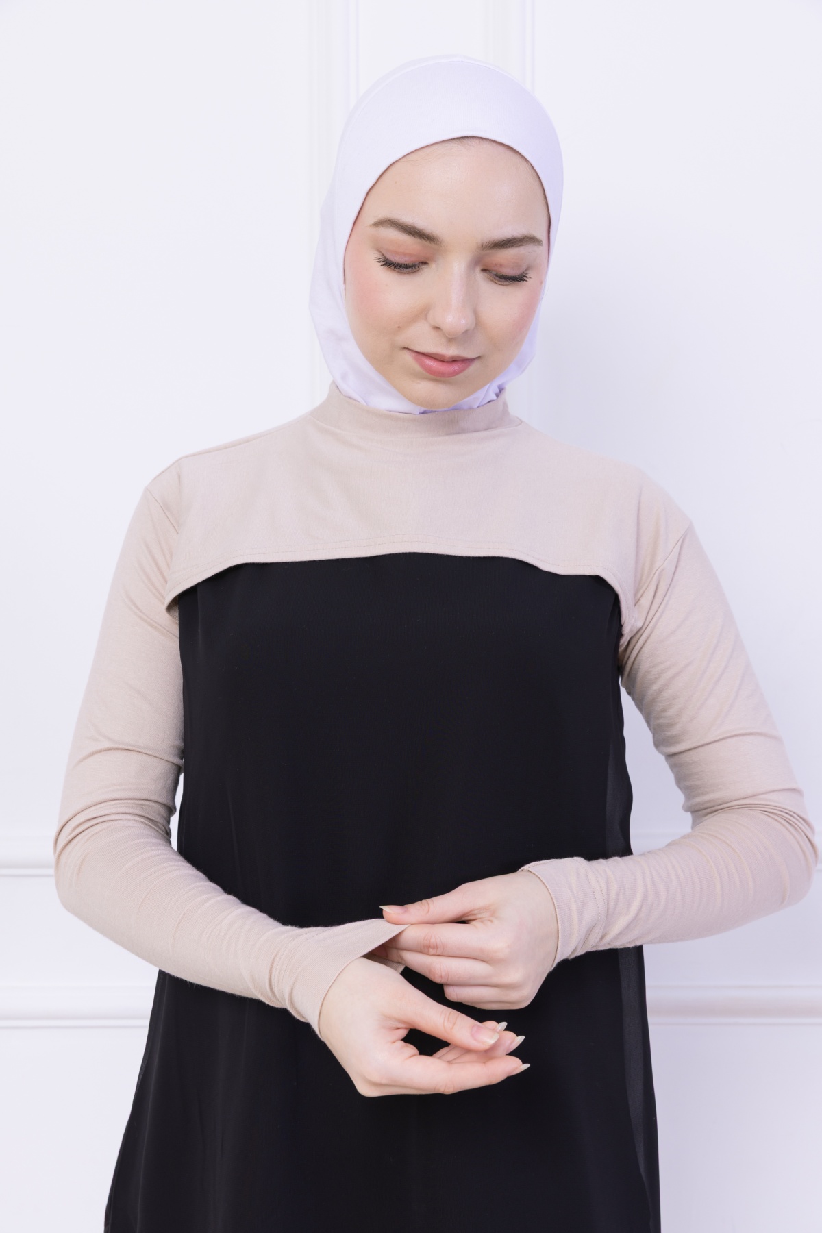 Balıkçı Yaka Boyunluklu Kolluk Bej - Likralı Dik Yakalı Kadın Body Tesettür Crop Bolero Hijab