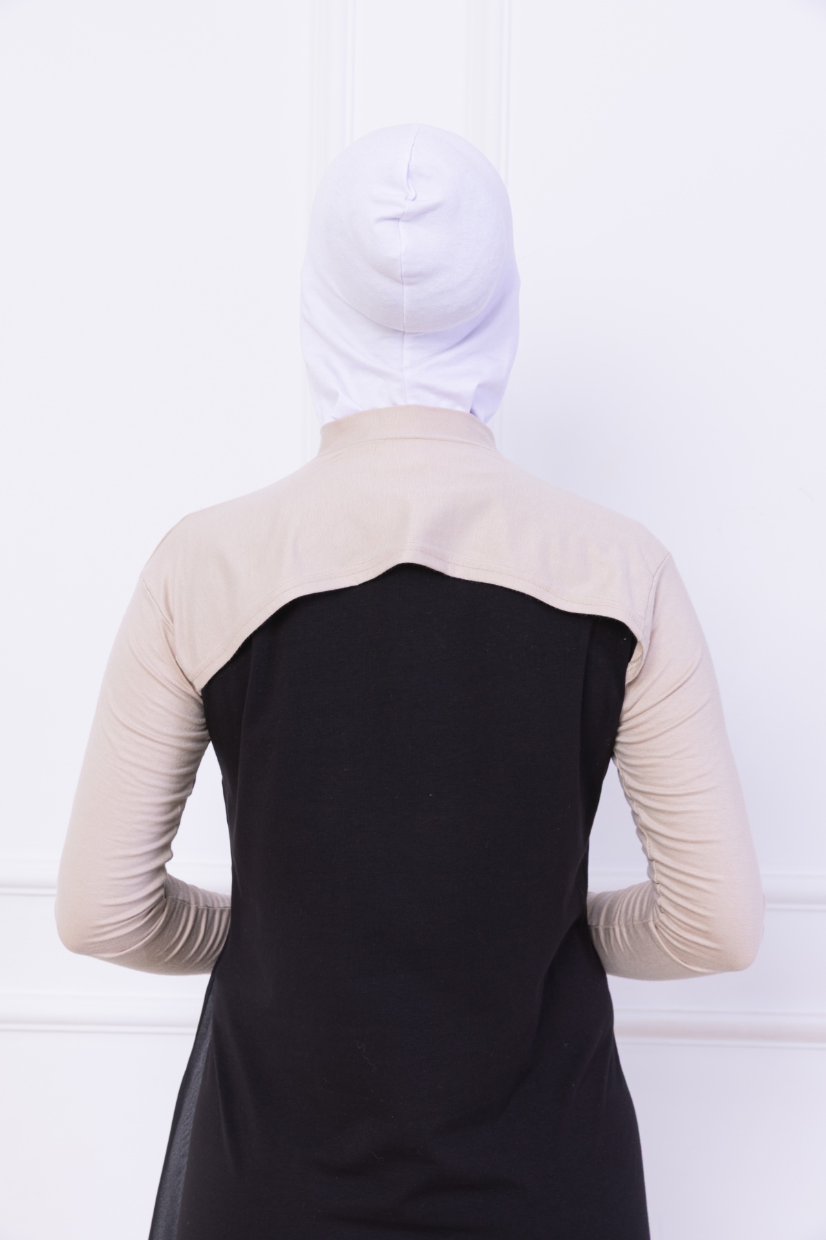 Balıkçı Yaka Boyunluklu Kolluk Bej - Likralı Dik Yakalı Kadın Body Tesettür Crop Bolero Hijab