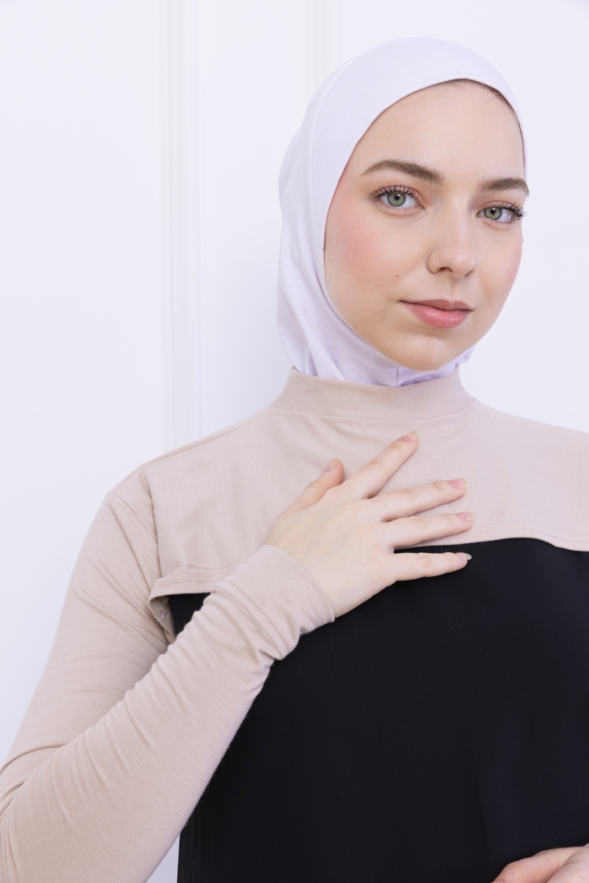 Balıkçı Yaka Boyunluklu Kolluk Bej - Likralı Dik Yakalı Kadın Body Tesettür Crop Bolero Hijab